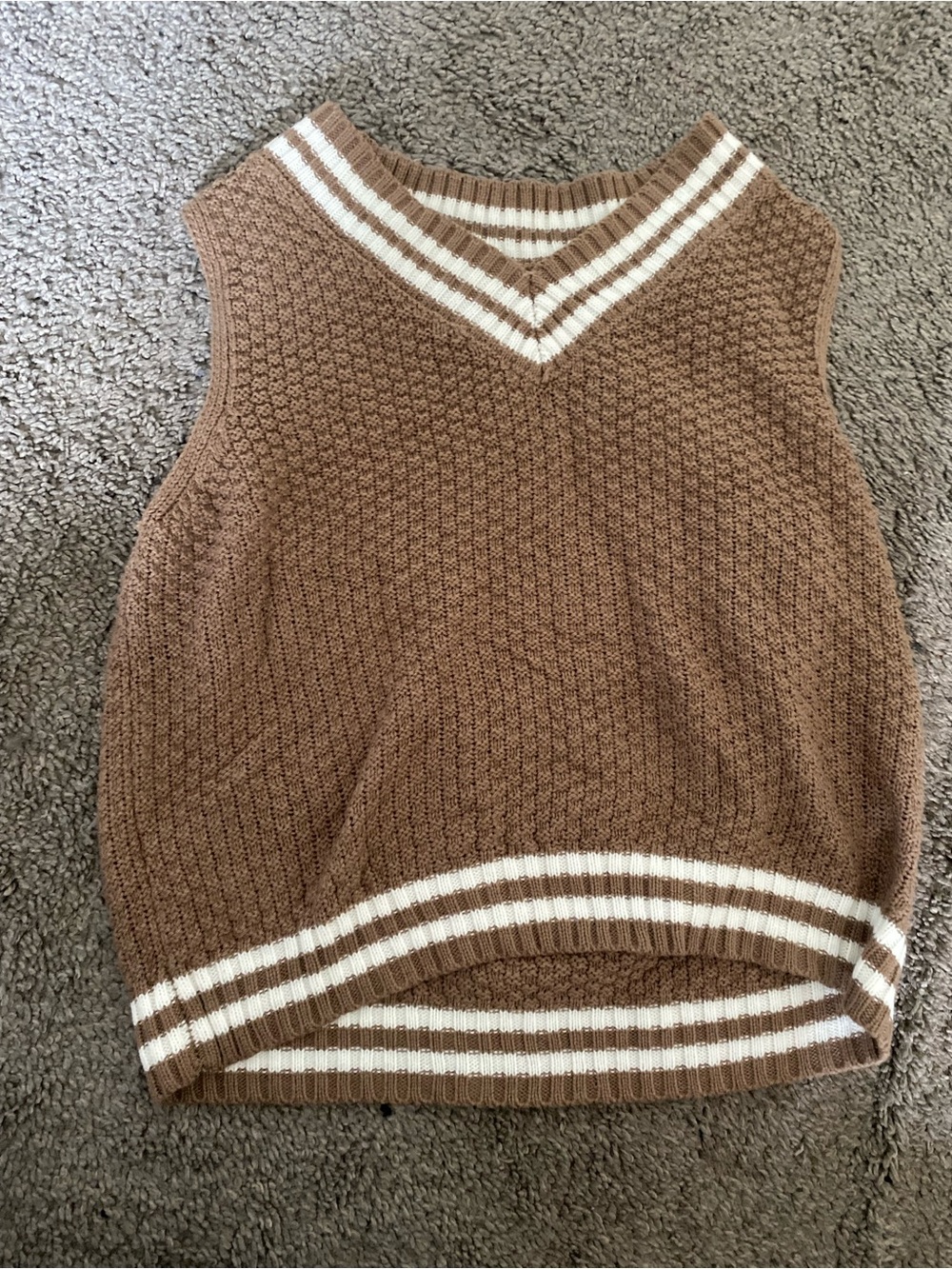 Cloud Chaser Brown V-Neck Knit Sweater Vest with White Stripes